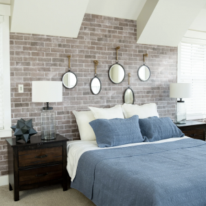Hampton Brick accent wall panels are a popular choice for interior finishes with its distinct earthen texture and old-world character. Features joints that overlap to conceal seams and easy peel and stick backing.